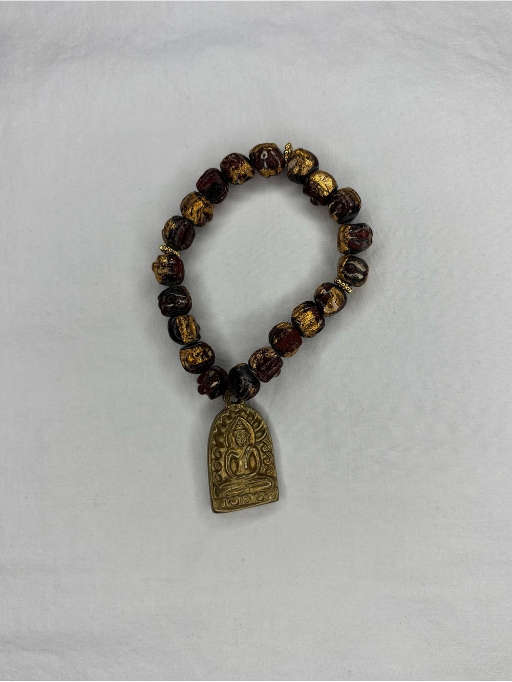 Vintage Beaded Buddhist Prayer Beads Bracelet Buddha Metal Gold Tone Charm